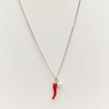 Load image into Gallery viewer, Red Enamel Chilly and Pearl Charm Necklace Sterling Silver