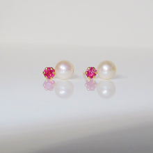 Load image into Gallery viewer, Pearl and Ruby Mini Stud Earrings 9-Karat Yellow Gold - Karina Constantine jewellery