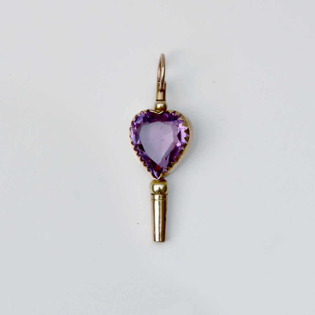 Amethyst Heart Watch Key Pendant 9-Karat Rose Gold Circa 1900s