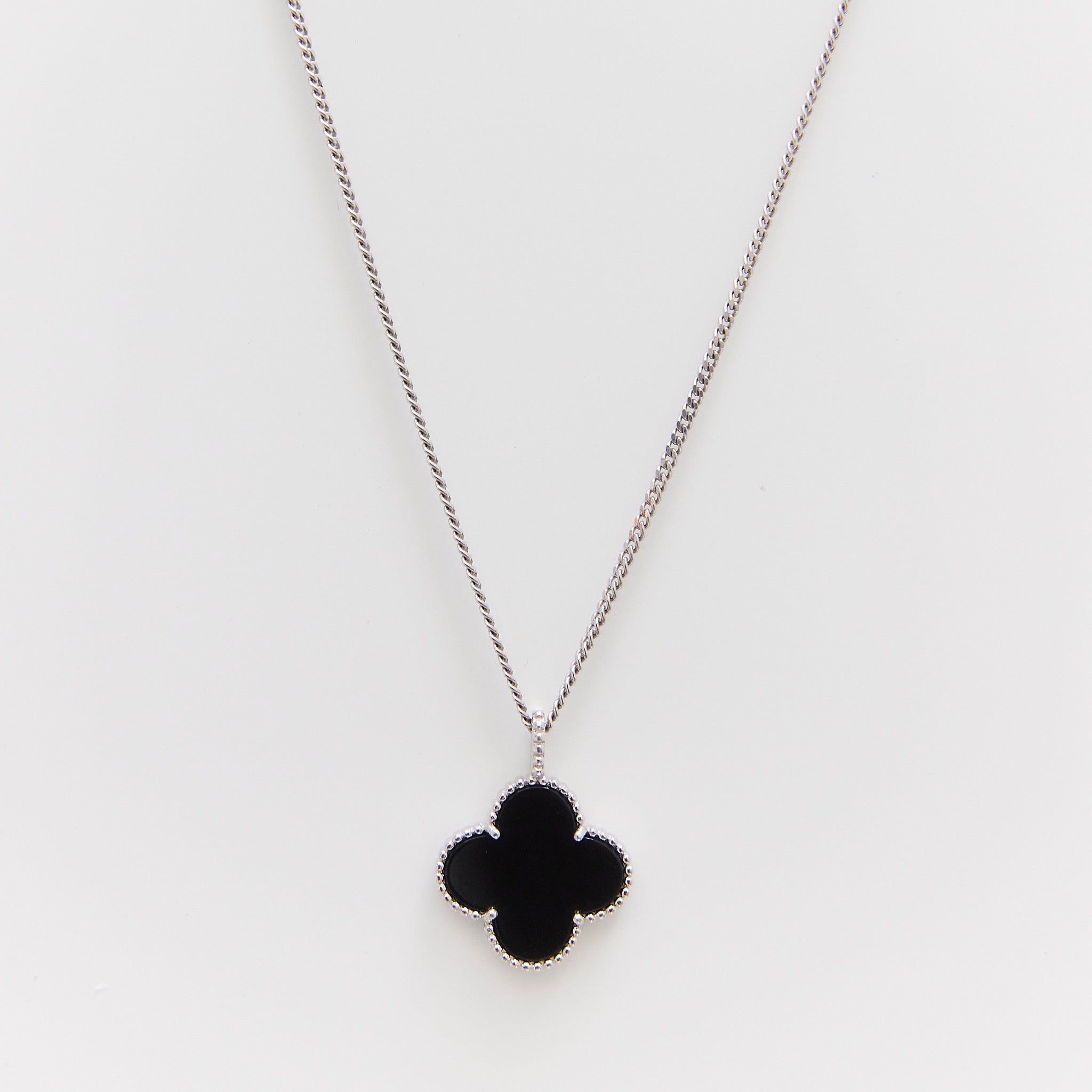 Sterling Silver Black Onyx Clover Necklace with CZ Border – HK Jewels