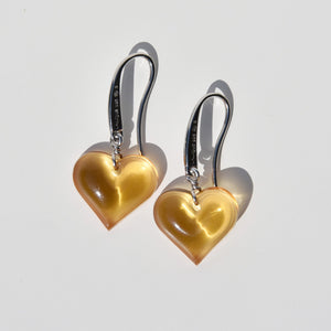 Lalique Heart Amber Crystal Drop Earrings Sterling Silver 