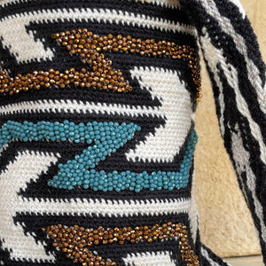 Colombian Medium Beaded Wool Mochila Bag- Off White, Black, Brown & Blue