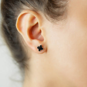 Four Leaf Clover Black Enamel Stud Earrings Sterling Silver - Karina Constantine Jewellery