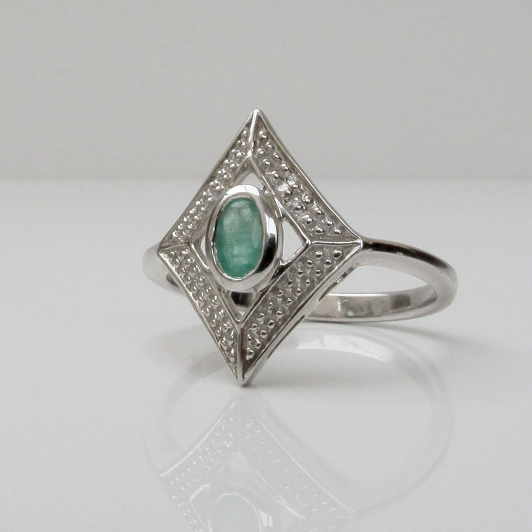 Emerald & Diamond Ring Art Deco Style Sterling Silver - Karina Constantine Jewellery