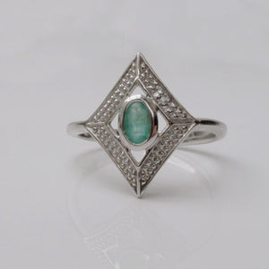 Emerald & Diamond Ring Art Deco Style Sterling Silver