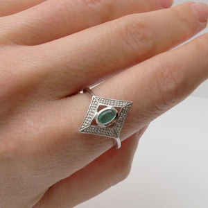 Emerald & Diamond Ring Art Deco Style Sterling Silver - Karina Constantine Jewellery