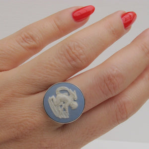 Wedgwood Light Blue Jasperware Cameo Signet Ring Sterling Silver Circa 1970s - Karina Constantine 