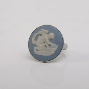 Wedgwood Light Blue Jasperware Cameo Signet Ring Sterling Silver Circa 1970s - Karina Constantine 