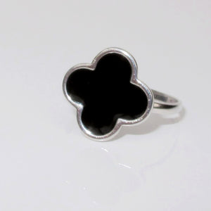 Four Leaf Clover Black Enamel Ring Sterling Silver - Karina Constantine Jewellery