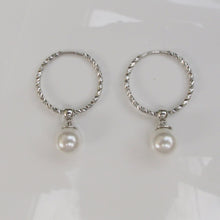 Load image into Gallery viewer, Pearl Drop Hoop Earrings Sterling Silver - Karina Constantine jewellery
