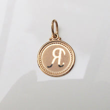 Load image into Gallery viewer, Gold Disc “R” Pendant Charm 14-Karat Rose Gold - Karina Constantine Jewellery
