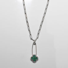 Load image into Gallery viewer, Lucky Clover Safety Pin Paperclip Necklace Sterling Silver &amp; Malachite - Karina Constantine jewellery
