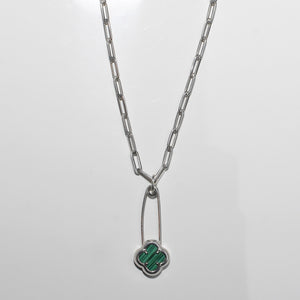 Lucky Clover Safety Pin Paperclip Necklace Sterling Silver & Malachite - Karina Constantine jewellery