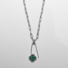 Load image into Gallery viewer, Lucky Clover Safety Pin Paperclip Necklace Sterling Silver &amp; Malachite - Karina Constantine jewellery
