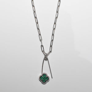 Lucky Clover Safety Pin Paperclip Necklace Sterling Silver & Malachite - Karina Constantine jewellery