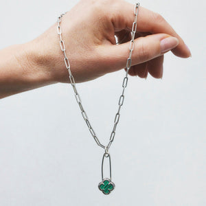 Lucky Clover Safety Pin Paperclip Necklace Sterling Silver & Malachite - Karina Constantine jewellery