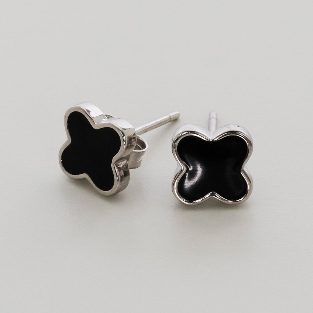 Four Leaf Clover Black Enamel Stud Earrings Sterling Silver - Karina Constantine Jewellery