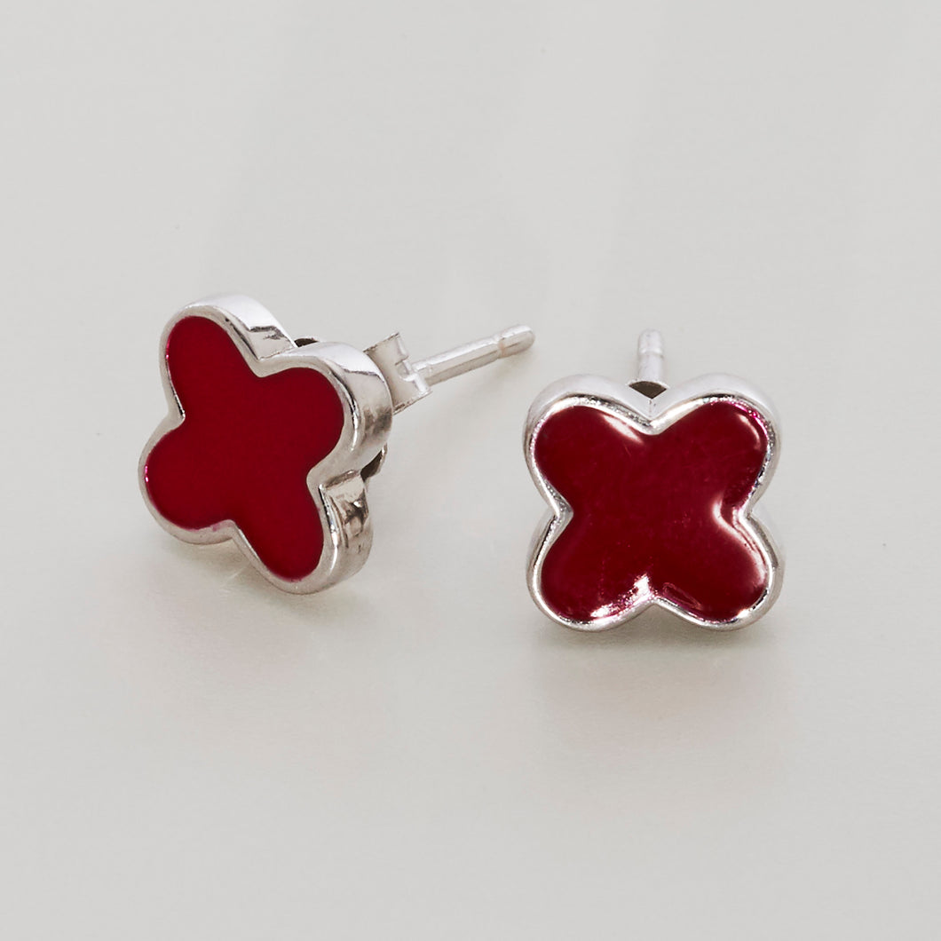 Four Leaf Clover Red Enamel Stud Earrings Sterling Silver - Karina Constantine Jewellery